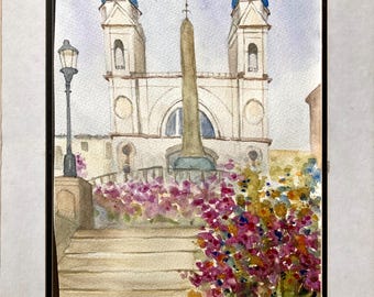 Spanish Steps Rome Watercolor Painting, Trinita dei Monti, Signed Original Art