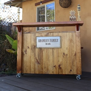 Bar on Wheels w/ Lights / counter / Custom Bar / Serving bar Industrial Solid Wood. Roll out bar. bar. Handmade Bar / wine, bottle opener image 1