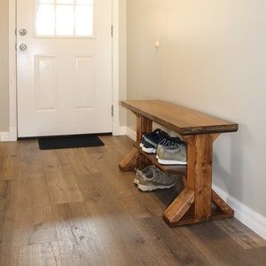 Farmhouse Shoe Bench in solid wood with 2 places for shoes and handmade in USA, entry mud room bench image 1