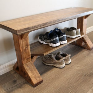 Farmhouse Shoe Bench in solid wood with 2 places for shoes and handmade in USA, entry mud room bench image 7