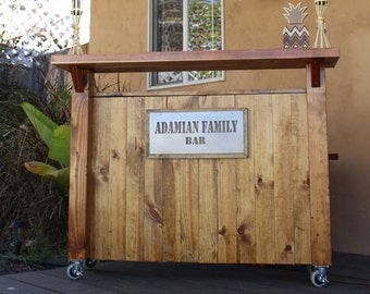 Bar on Wheels w/ Lights / counter / Custom Bar / Serving bar - Industrial Solid Wood. Roll out bar. bar. Handmade Bar / wine, bottle opener