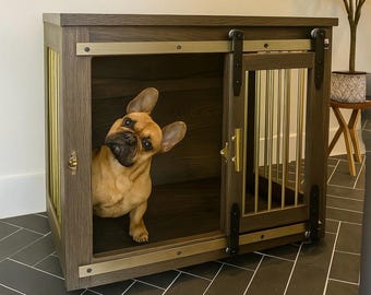 Dog Crate with Sliding Barn Doors, Brass Bars and Hardware, Kennel, small, medium, large, x-large, handmade, Farmhouse, Custom, Rustic