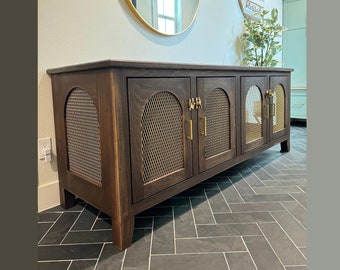 Mid Century Modern Chic Raised Dog Crate Cabinet in solid wood, steel mesh windows and handmade in USA