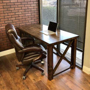 Farmhouse Desk / X legs and Cabinet / Solid Wood Butcher Block Top All wood / industrial / rustic office furniture / unique desk image 1