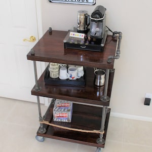 Coffee Cart, Industrial Pipe & Wood coffee bar, Buffet, Serving, Industrial cart, Coffee Station