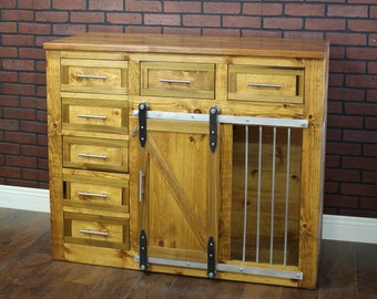 Farmhouse Style Dog Crate with Lots of Storage Drawers in solid wood, many sizes and Handmade in USA