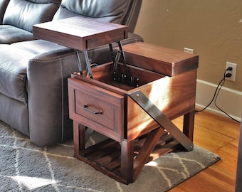 Shaker Lift Top Couch End Table Cabinet with extending surface made from solid wood with drawer and storage and handmade in USA