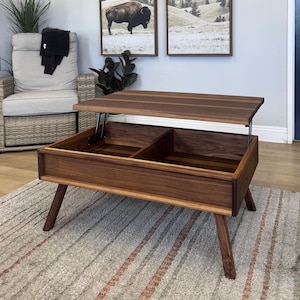 Table basse avec plateau relevable, table escamotable, table de salon convertible, table basse moderne Mid-Century, bois massif, meubles scandinaves