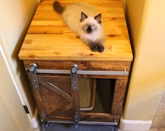 Cat Litter Box Enclosure with sliding barn door in modern farmhouse rustic style in solid wood and handmade in USA