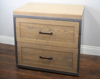 Refinished Metal and Oak File Cabinet, Industrial Modern, 2-Drawer Lateral
