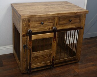 Dog Crate with Shaker Drawers - Sliding barn door / crate with storage / Dog House / rustic furniture / farmhouse pet / dog kennel / Custom