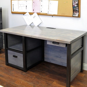 Modern Desk with Shelf in solid wood and large file drawer, Wood & Metal Desk, Executive Desk, Industrial Rustic Office, Home Office Desk image 2