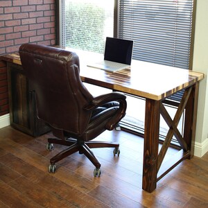 Farmhouse Desk / X legs and Cabinet / Solid Wood Butcher Block Top All wood / industrial / rustic office furniture / unique desk image 3