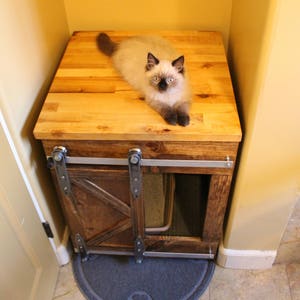 Cat Litter Box Enclosure with sliding barn door in modern farmhouse rustic style in solid wood and handmade in USA