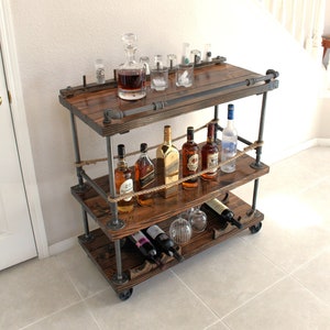 Bar Cart with Pipe & Wood, Liquor Cart, Whiskey bar, Wine Trolley, Industrial Serving Cart, Home Bar on Wheels, Rolling Bar, Liquor Cabinet image 1