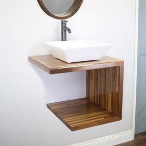 Modern Waterfall edge floating bathroom vanity in many solid wood options and handmade in USA