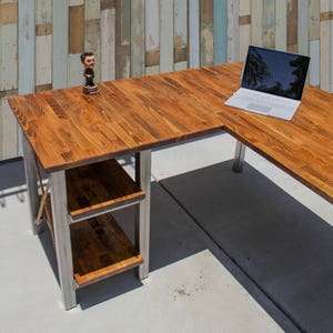 L-Shaped Desk with Shelves / Solid Wood Butcher Top / Rustic / Steel legs & storage / industrial / rustic office furniture / Custom / unique image 2