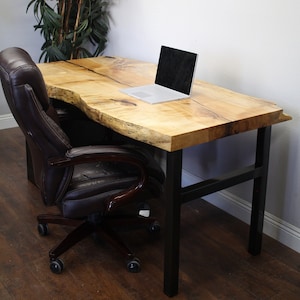 Live Edge Slab Desk / 2 drawer steel Cabinet Solid Wood Top and steel legs / modern / urban furniture / office / home desk / Solid Slab image 1