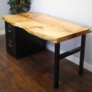 Live Edge Slab Desk / 2 drawer steel Cabinet Solid Wood Top and steel legs / modern / urban furniture / office / home desk / Solid Slab image 5