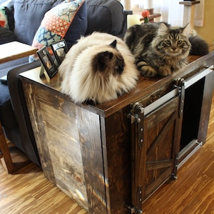 Cat Litter Box enclosure with Sliding barn doors in modern farmhouse style solid wood and handmade in USA image 1