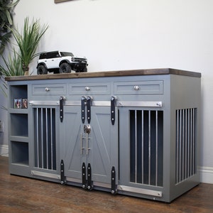 Custom Dog Crate with Shelves and Drawers, Sliding Barn Doors, Dog House, Farmhouse, Rustic Modern Crate, kennel, Dog Crate Furniture