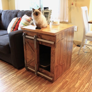 Cat Litter Box Enclosure with sliding barn door in modern farmhouse rustic style in solid wood and handmade in USA image 1