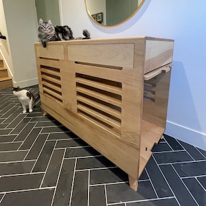 Solid Wood Mid-Century Modern Dog Crate with Storage Drawers, Flip-Up Door