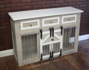 Dog Crate with Drawers - Sliding barn doors / crate with storage / Dog House / rustic furniture / farmhouse pet / dog kennel / Rustic