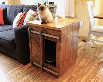 Cat Litter Box Enclosure with sliding barn door in modern farmhouse rustic style in solid wood and handmade in USA