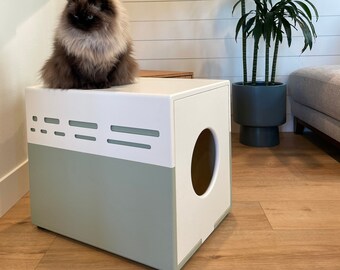 Litter Box Enclosure for cats no tracking with flip up easy access door painted white and green, Litter Cabinet handmade in USA, solid wood