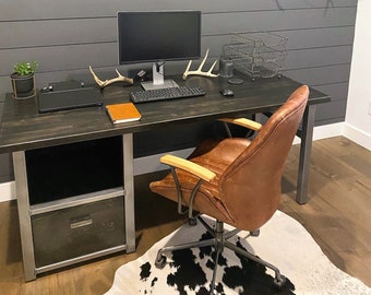 Modern Desk with Shelf in solid wood and large file drawer, Wood & Metal Desk, Executive Desk, Industrial Rustic Office, Home Office Desk