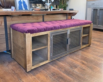 Modern Farmhouse Dog Crate Ottoman Cabinet Bench in solid wood with Soft Cushion Top hand stitched and handmade in USA
