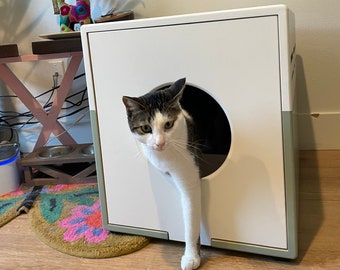 Handmade Cat Litter Box Enclosure, Flip-Up Door, Painted Wood