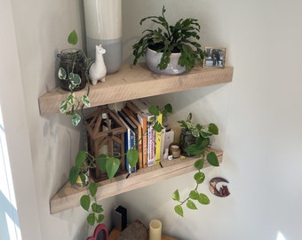 Solid Wood Floating Corner Shelf, Modern Rustic Decor
