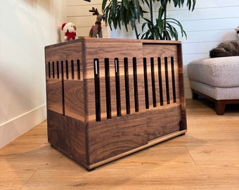 Modern Dog Crate with sliding door in solid wood and handmade in USA, fully Custom dog kennel, Nightstand, Fable crate