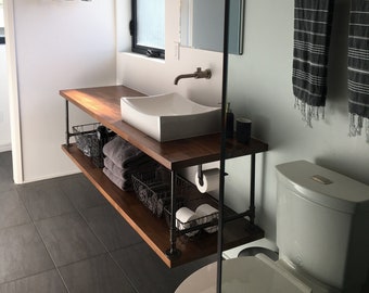 Floating Wood Bathroom Vanity with Pipe for a modern or rustic or industrial restroom for a vessel sink and featuring 2 shelves