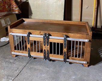 Farmhouse Dog Crate Bench, Sliding Barn Door Kennel, Solid Wood