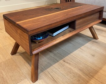 Mid Century Coffee Table with Drawers, Modern Coffee Table, Family Room Table, Living Room Game Table, Pop up Coffee, Tapered Legs Table