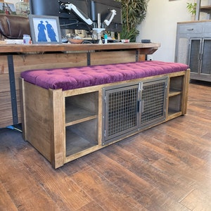 Modern Farmhouse Dog Crate Ottoman Cabinet Bench in solid wood with Soft Cushion Top hand stitched and handmade in USA Bild 1