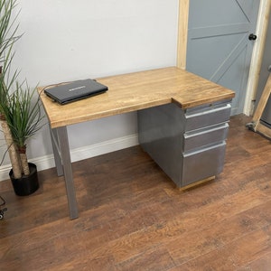 Desk with Metal Cabinet, Modern Refinished 3 drawer Filing Cabinet Solid Wood steel tube legs, industrial, urban furniture, office furniture