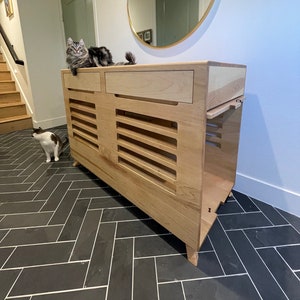 Mid-Century Modern Dog Crate with flip up door and drawers for storage, Handmade in USA Dog House Credenza, kennel, fable crate image 2