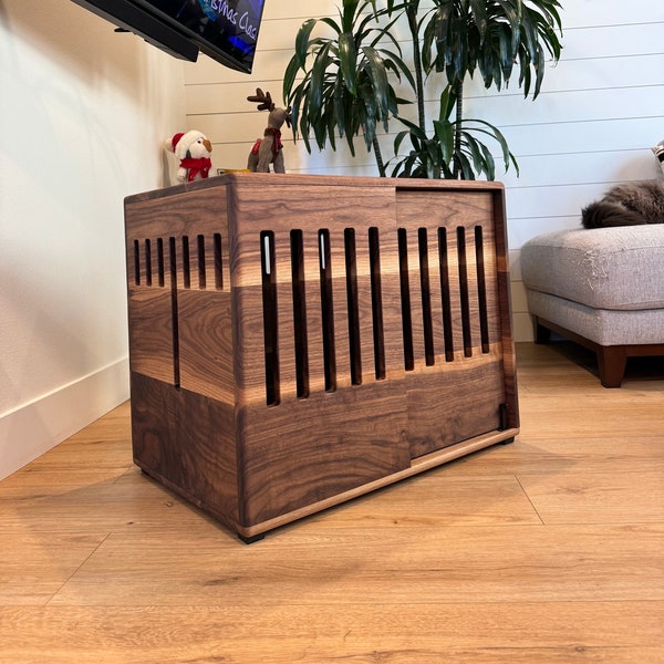 Modern Dog Crate with sliding door in solid wood and handmade in USA, fully Custom dog kennel, Nightstand, Fable crate