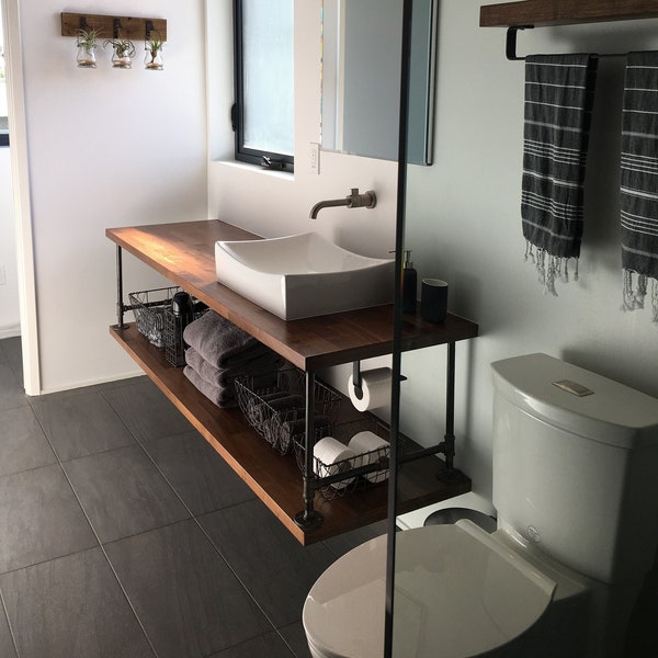 Floating Wood Bathroom Vanity with Pipe Shelves
