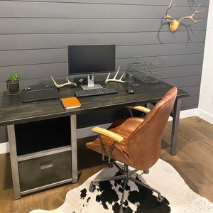 Modern Desk with Shelf in solid wood and large file drawer, Wood & Metal Desk, Executive Desk, Industrial Rustic Office, Home Office Desk image 1