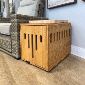 Modern Dog Crate Ready to Ship with flip up space saving door and cushion, Wood Kennel, handmade in USA