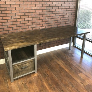 Modern Desk with Shelf in solid wood and large file drawer, Wood & Metal Desk, Executive Desk, Industrial Rustic Office, Home Office Desk image 3