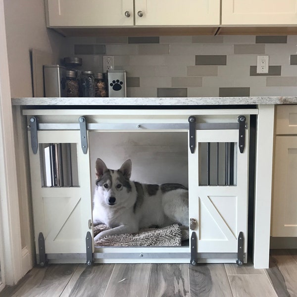 Rustic Modern Dog Crate handmade in solid wood with Sliding Barn Doors, Farmhouse Style, Custom Dog Crates handmade in USA