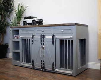 Dog Crate with Shelves and Drawers, Sliding Barn Doors, Dog House, Farmhouse, Rustic Modern Crate, kennel furniture, Dog Crate Furniture