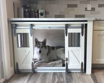 Rustic Modern Dog Crate handmade in solid wood with Sliding Barn Doors, Farmhouse Style, Custom Dog Crates handmade in USA