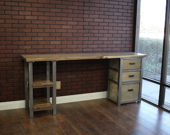 Desk with 3 Drawers and Shelves, Wood Metal Desk, Executive Desk, Solid Wood steel, Industrial Rustic Office Desk, Modern Home Office Desk